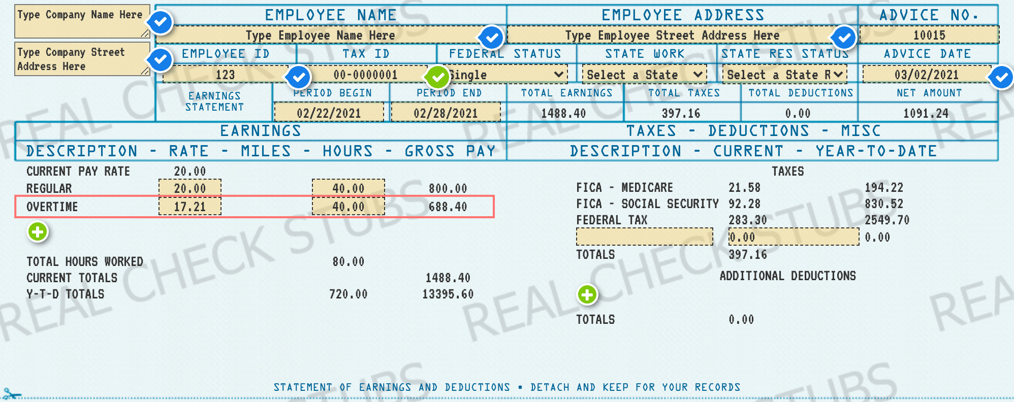 Advanced Pay Stub Template with overtime 4
